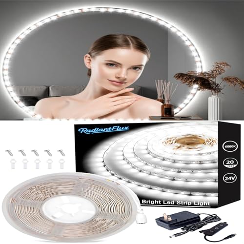 20ft/6M Led Vanity Mirror Lights Kit Vanity Make-up Mirror Full Length Mirror Cloakroom Adjustable Flexible Strip Light Table Set with Dimmer & Power Supply Mirror Decor Mirror Not Included - color: Daylight White, size: 20FT