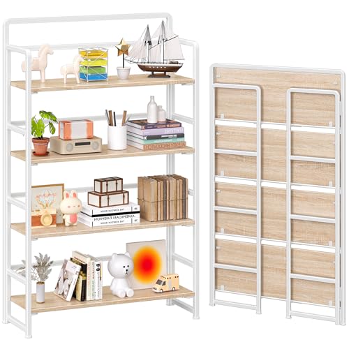 4NM No Assembly Extra Wide 4 Tiers Folding Bookshelf Storage Shelves Vintage Bookcase Standing Racks Study Organizer Home Office (Natural White) - color: Natural White, size: Wide 4 Tiers
