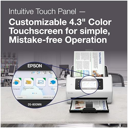 Epson DS-800WN EdgeLink Wireless Network Color Document Scanner | Duplex Scanning 100-Sheet Auto Document Feeder 4.3 in Color Touchscreen 50 ppm Scanning Speed