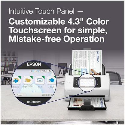 Epson DS-800WN EdgeLink Wireless Network Color Document Scanner | Duplex Scanning 100-Sheet Auto Document Feeder 4.3 in Color Touchscreen 50 ppm Scanning Speed