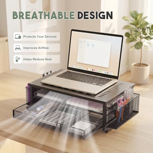 Metal Monitor Stand Riser with Heat Dissipation Holes, 2-Tier Computer Desk Organizer with Drawer & Pen Holders for Laptop, iMac, PC (Black)