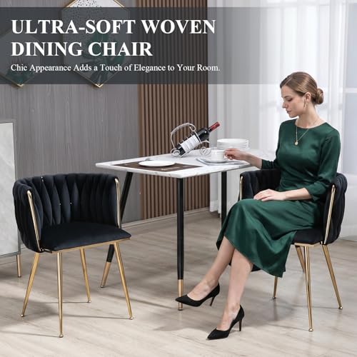 NIOIIKIT Modern Velvet Dining Chairs Hand Weaving Accent Chairs Living Room Chairs Upholstered Side Chair with Golden Metal Legs for Dining Room Kitchen Vanity Living Room (Black) - color: Black