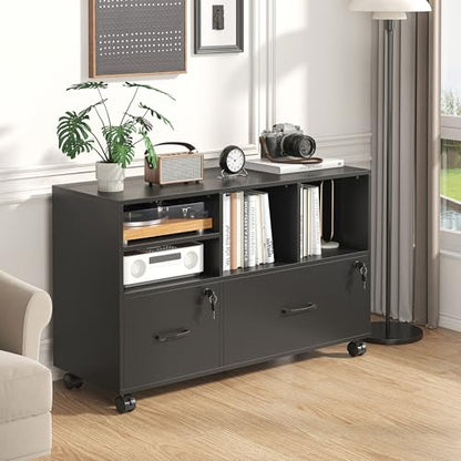2 Drawer Wood Lateral File Cabinet with Lock, Lockable Rolling Filing Cabinet with Adjustable Storage Shelves, Printer Stand Office Storage Cabinet for Home Office Fits Files Legal/A4, Black - color: Black-2 Drawers