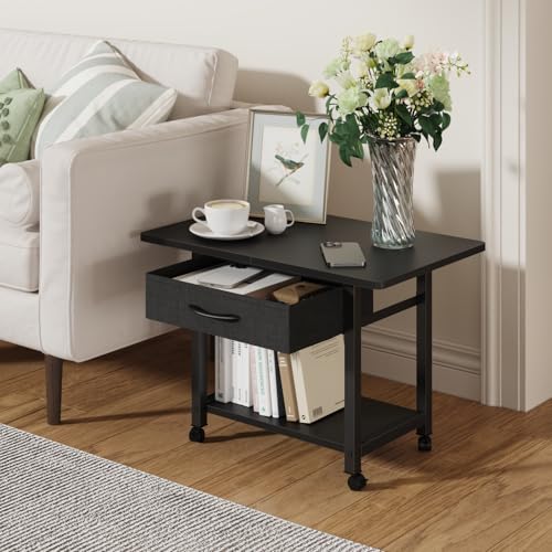 YAOHUOO 22"x15" Large Printer Stand with Drawer, 2-Tier Rolling Table Cart - color: Black, size: 2-Tier