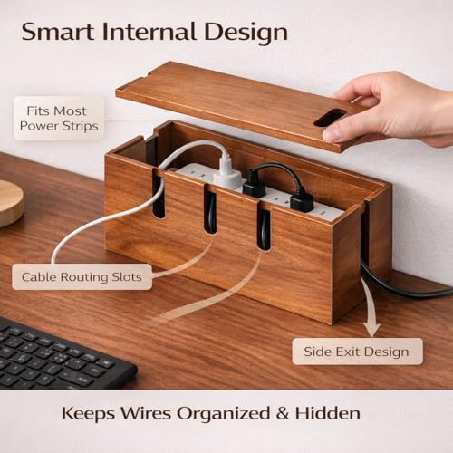 Large Acacia Wood Cable Management Box for Power Strips - color: Natural Brown