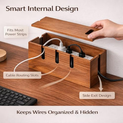 Large Acacia Wood Cable Management Box for Power Strips - color: Natural Brown