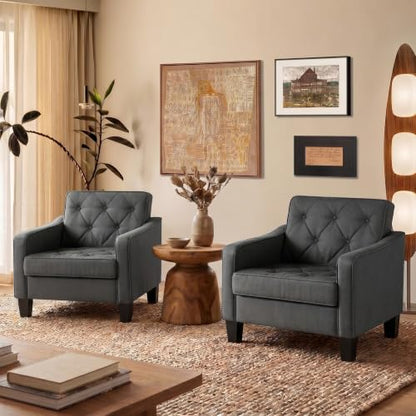Grey Accent Chairs Set of 2, Wide Comfy Arm Chairs for Living Room, Office | STHOUYN Tufted Club Chair, Reading Chairs for Bedroom, Waiting Area Seating, Small Space Office Chairs, Supportive Wide Seat - color: Grey