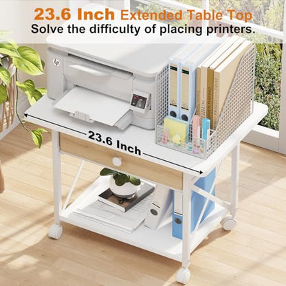 EasyCom Large Printer Stand with Fabric Storage Drawer and Locking Wheels - color: White, size: Large