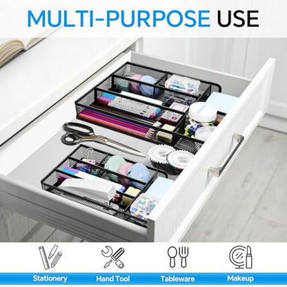 Desk Drawer Organizer, Office Drawer Divider Organizer Tray with 6 Compartments, Metal Mesh Desktop Organization and Accessories for Stationery Makeup Kitchen Toolroom School ＆Office, 12.6x8.27x1.6 in - size: Large-2 Pack