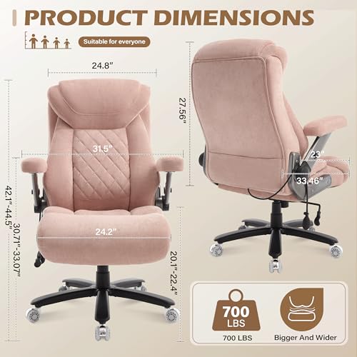 Fabric 700lbs Big and Tall Office Chair, Ergonomic Heavy Duty Executive Cloth Office Chair with 5D Flip Arms & Adjustable Lumbar Support & Dual Rubber Wheel, Large Thick Padded Extra Wide Seat, Pink - color: Pinkcloth