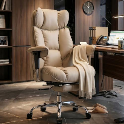 Efomao Executive Office Chair 400lbs,Beige Big and Tall Desk Chair | Mattress-grade pocket spring cushion, sleek leather, 135° recline & footrest for computer gaming setup. - color: 3084p-dark Beige
