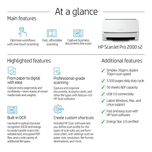 HP Scanjet Pro 2000 s2 Sheet-Feed Scanner (6FW06A), Light Grey, Small (Renewed)