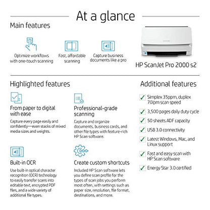 HP Scanjet Pro 2000 s2 Sheet-Feed Scanner (6FW06A), Light Grey, Small (Renewed)