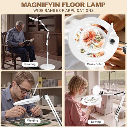Facial 10X Magnifying Lamp for Esthetician, 2500 Lumens, Stepless Dimmable, Adjustable Swing Arm, LED Lighted Standing Mag Floor Lamp for Eyelash Extensions, Tattoo, Crafts, Nail Art, Pedicure - color: White