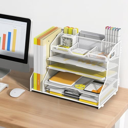 YINGHUA 5-Tier Mesh Desk Organizer and File Holder, Letter Tray - White - color: 5 Tier With File Holder-white