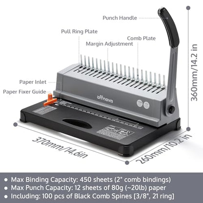 OFFNOVA Binding Machine, 21-Hole 450 Sheets Paper Comb Punch Binder Machine for Letter Size / A4 / A5 Paper, Easy to Punch Handle, Adjustable Margin, Gray - style: Single-arm Gray
