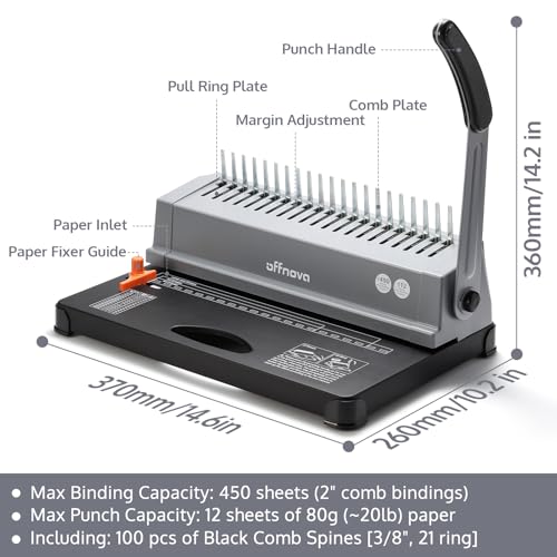 OFFNOVA Binding Machine, 21-Hole 450 Sheets Paper Comb Punch Binder Machine for Letter Size / A4 / A5 Paper, Easy to Punch Handle, Adjustable Margin, Gray - style: Single-arm Gray