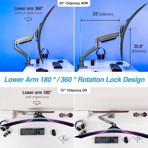 AVLT Single 17"-57" Super Ultrawide Monitor Arm - Gray | Screens Up to 59.5 lbs Premium Aluminum Desk Stand Adjustable Pneumatic Height Full Motion Swivel Tilt Rotation USB-C&A Ports - color: Gray-17 to 57 Inch