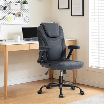 SEATZONE Black Office Chair Ergonomic Desk Chair with Lumbar Support, Flip-Up Arms, Adjustable Swivel Computer Chair with Wheels, PU Leather Executive Task Chair for Home Office Small Space - color: Black