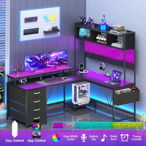 L Shaped Desk with Hutch and Drawers, Gaming Desk with LED Lights ＆ Outlets | Computer Desk with 4 Drawers and Monitor Stand, Corner Desk with Pegboard for Home Office ＆ Gaming, Black