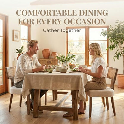 HNY Mid Century Modern Rattan Dining Chairs Set of 2, Linen Upholstered Kitchen & Dining Room Chairs with Ergonomic Curved Back, Solid Wood Frame, Farmhouse Accent Chairs for Home, Apartment, Beige - color: Beige Rattan