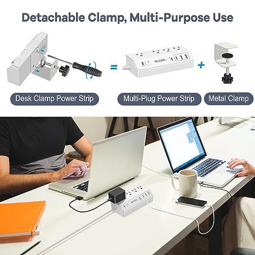 Desk Clamp Power Strip with USB C,Surge Protector Power Strip | 4 AC Outlets & 4 USB Ports Charging Station, Desktop Mount Surge Protector Extender, Multi Plug Outlet ,White - color: White