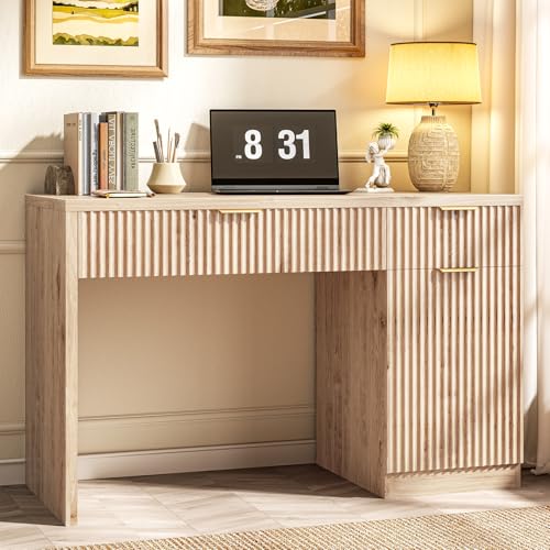 Vabches Farmhouse 47" Fluted Executive Desk with Drawers, Oak - color: Oak, size: with Cabinet