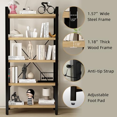 WH-AOERPUMY Real Solid Wood Bookshelf Shelves Rustic Vintage Industrial Etagere Bookshelf, Metal & Timber Free Vintage Bookcase, (Genuine Timber) (5-Tiers-Natural Finish) - size: 5-Tiers-Natural finish