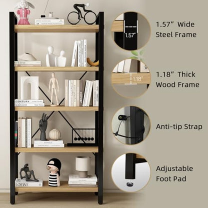 WH-AOERPUMY Real Solid Wood Bookshelf Shelves Rustic Vintage Industrial Etagere Bookshelf, Metal & Timber Free Vintage Bookcase, (Genuine Timber) (5-Tiers-Natural Finish) - size: 5-Tiers-Natural finish