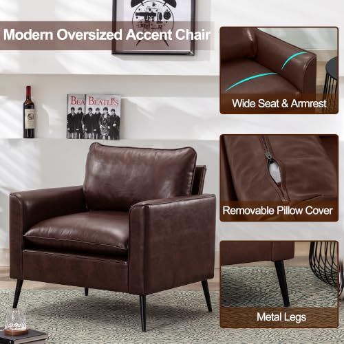 Okeysen Modern Leather Chairs, Oversized Arm Sofa, Mid-Century Accent Chair for Waiting Room and Bedroom Comfy, Upholstered Single Sofa Reading Chair - color: Reddish Brown, size: set of 2