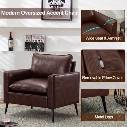 Okeysen Modern Leather Chairs, Oversized Arm Sofa, Mid-Century Accent Chair for Waiting Room and Bedroom Comfy, Upholstered Single Sofa Reading Chair - color: Reddish Brown, size: set of 2