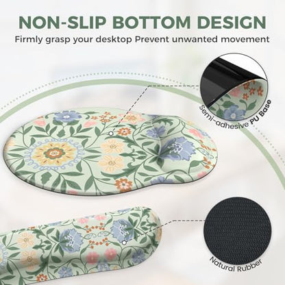 iCasso Desk Cover Mat, Gaming Mouse Pad Wrist Support Set,4in1 XXL Large Mousepad + Keyboard Wrist Rest+Mouse Wrist Rest+Coaster Set with Ergonomic Design for Home Office Table Computer(Green Flowers) - color: Green Flowers