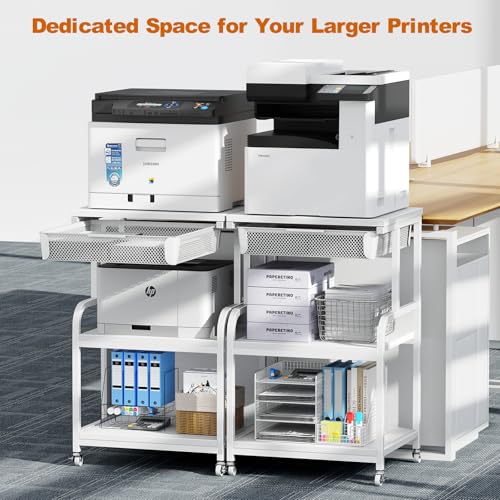 Large Printer Stand with Drawer, 3-Tier Industrial Rolling Cart | 5 Adjustable Shelves, Mobile Printer Table for Desk & Home Office, Fits 3D Printer, Scanner and Fax Machine White - color: White, size: Large(19.7"L X 15.7"W X 32.2"H)
