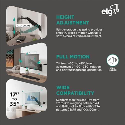 ELG Gas Spring Monitor Wall Mount, Full Motion 17-35" Screens up to 19.8 lbs, 15" Extension from Wall, 360° Rotation, -45°/+90° Tilt, Cable Organizer, VESA 75x75 to 100x100mm, Black
