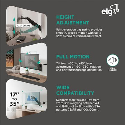 ELG Gas Spring Monitor Wall Mount, Full Motion 17-35" Screens up to 19.8 lbs, 15" Extension from Wall, 360° Rotation, -45°/+90° Tilt, Cable Organizer, VESA 75x75 to 100x100mm, Black