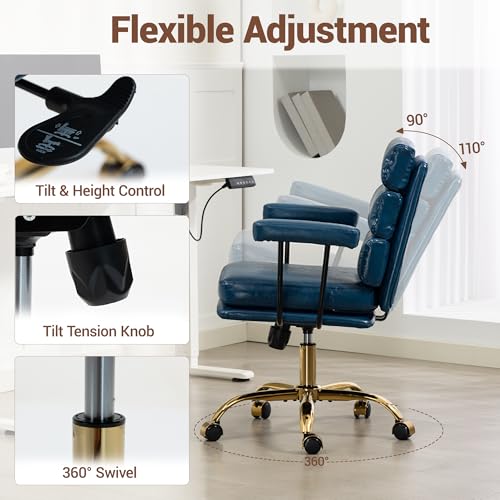 Faux Leather Home Office Desk Chair, Ergonomic Executive Computer Chair with Gold Base, Padded Seat and Armrests, Adjustable Height Swivel Makeup Vanity Chair with Wheels, Blue - color: Blue