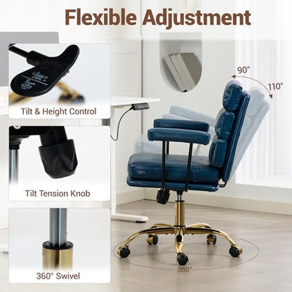 Faux Leather Home Office Desk Chair, Ergonomic Executive Computer Chair with Gold Base, Padded Seat and Armrests, Adjustable Height Swivel Makeup Vanity Chair with Wheels, Blue - color: Blue