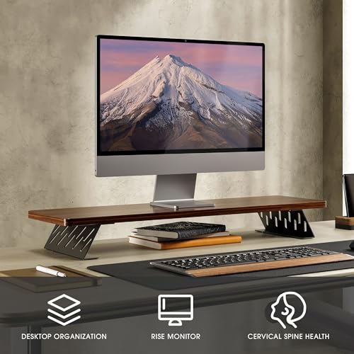 Fenge Monitor Stand Riser, Wooden & Metal Desk Shelf Organizer, Brown - color: Brown, size: 31.5 Inch