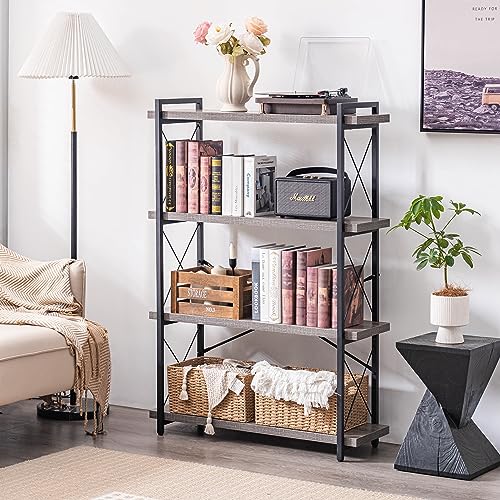 HCHQHS Bookshelf, 4-Tier Industrial Bookcase, Rustic Open Book Shelf, Freestanding Tall Bookshelves with Metal Frame - color: Grey, size: 4-Tier (35.8"W x 51.2"H)