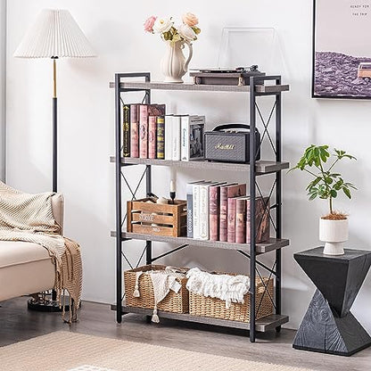 HCHQHS Bookshelf, 4-Tier Industrial Bookcase, Rustic Open Book Shelf, Freestanding Tall Bookshelves with Metal Frame - color: Grey, size: 4-Tier (35.8"W x 51.2"H)