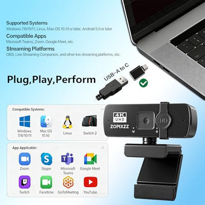 4K Webcam for PC Ultra HD Web Camera with Microphone, PDAF Autofocus,Privacy Cover,USB A & USB C Adapter, Plug & Play,Ideal for Business Meetings&Live Streaming - size: Webcam X60 4K
