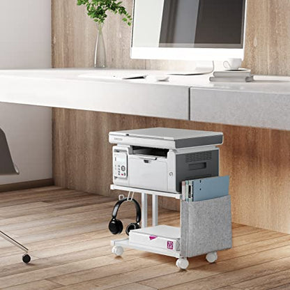 Printer Stand Under Desk Printer Table with Wheels 2 Tier Small Printer Cart with Storage Bag Desktop White Printer Stands for Home Office Fax Machine Scanner Files (White) - color: White