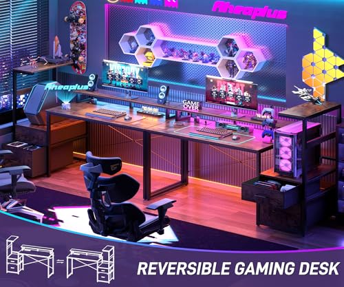 Aheaplus Gaming Desk with LED Strip & Power Outlet, 59Inch Reversible Computer Desk with Monitor Stand & Storage Shelves, Home Office Desks with Fabric File Drawer, Gamer Table PC Desk, Rustic Brown - color: Rustic Brown