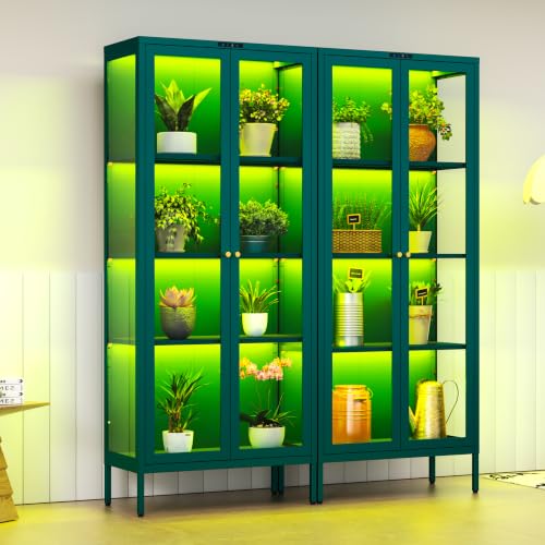 Polup 66" Green Glass Display Cabinet with 8-Color LED for Plants | Metal Frame & Tempered Glass Doors, Motion Sensor LED, 4-Tier Space, 3 Adjustable Shelves, for Indoor Plants & Figures - color: Green, size: 66"H-8 Color Lights