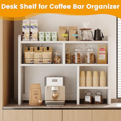 Desk Shelf, Desktop Hutch with 6 Storage Areas, Desktop Organizer Shelf with 27" Large Monitor Compartment, Multipurpose Wood Desktop Display Rack for Computer Desk, Dorm, Office, Home (White)