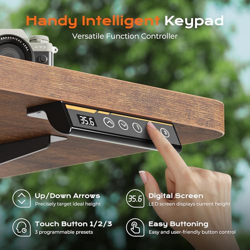 Huuger 48 x 28 Large Electric Standing Desk, Height Adjustable Desk, 27.6" Deep Desktop, Stand up Gaming, 2 Hooks, 3 Preset Heights, for Home Office, Rustic Brown - color: Rustic Brown, size: 48*28 inch (no outlets)