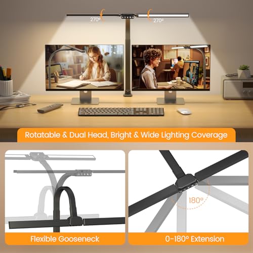 SIBRILLE Upgraded LED Desk Lamp for Home Office with RGB, Rotatable Computer Desk Light with Remote, Tall Table Lamp with Clamp for Working, Dimmable Dual Head Task Lighting for Monitor PC, 22W - color: Black RGB