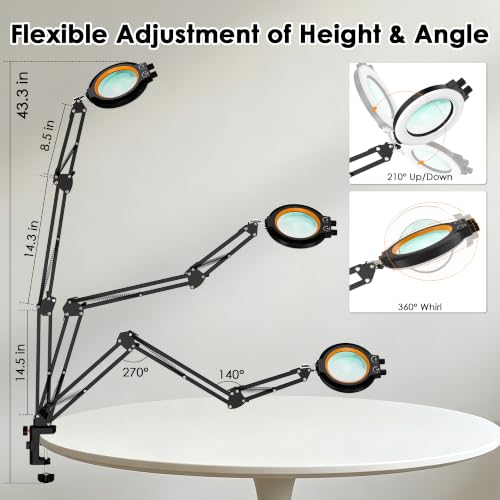12X Magnifying Glass with Light and Stand Hands Free, Long Swing Arm Lighted Magnifier Lamp for Close Work, Dimmable Desk Magnifying Light with Clamp for Soldering Craft Jewelry Bench Sewing - size: 43in