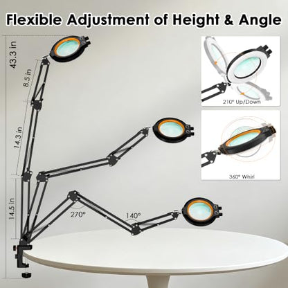 12X Magnifying Glass with Light and Stand Hands Free, Long Swing Arm Lighted Magnifier Lamp for Close Work, Dimmable Desk Magnifying Light with Clamp for Soldering Craft Jewelry Bench Sewing - size: 43in