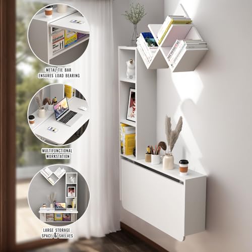 Folding Wall Mounted Drop Leaf Table, Foldable Desk with Moveable Cabinets, Floating Laptop with Convertible Storage Shelves, Multifunctional Computer Workstation in Home for Space Saving - color: White